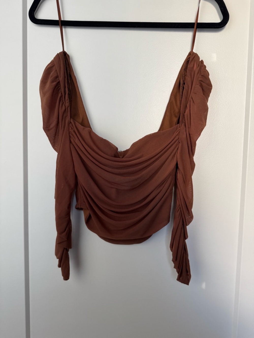 Draped Rust Brown Women's Cowl Neck Long-Sleeve Cropped Corset Top